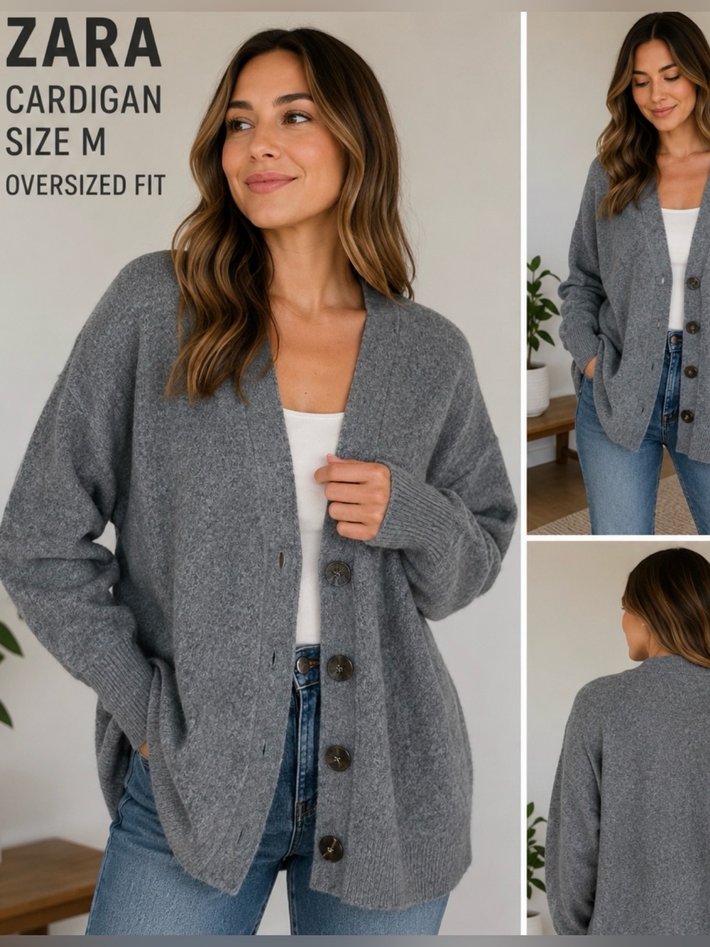 ZARA Women’s Gray Oversized Button Front Cardigan Sweater Size M